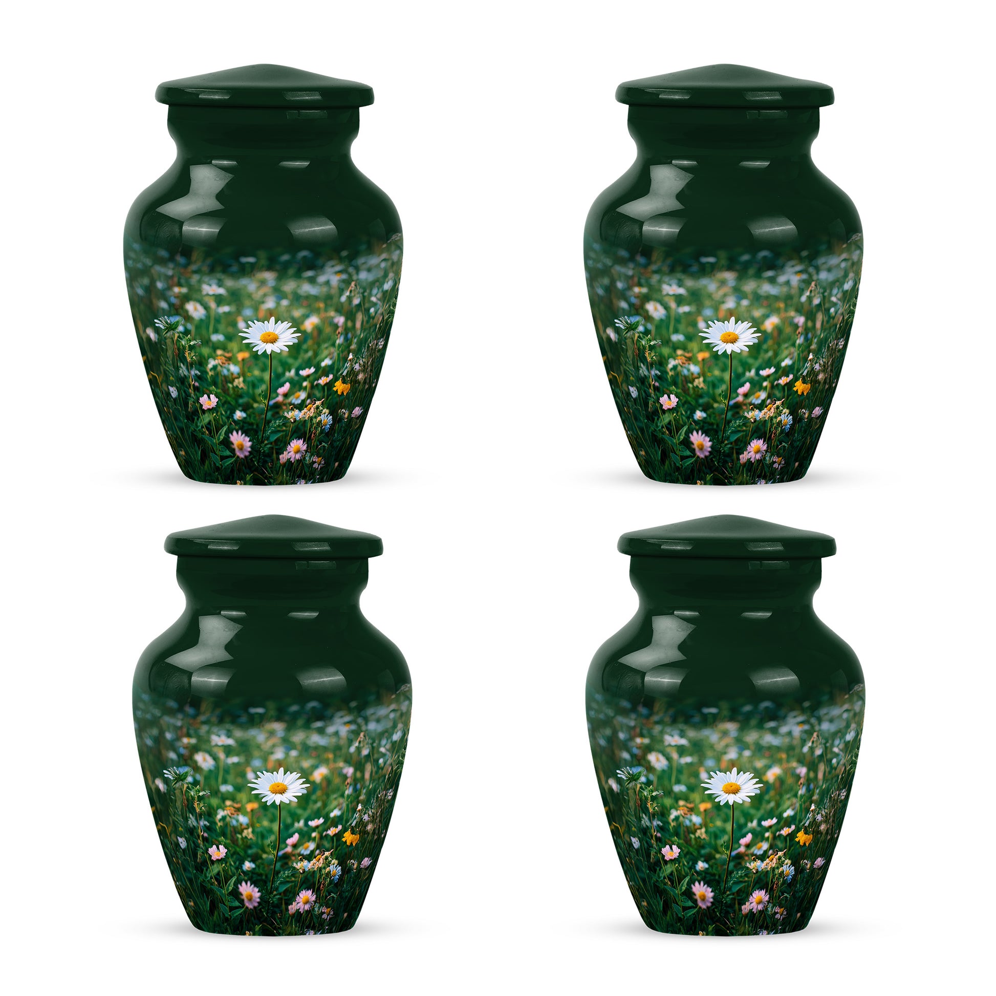 Mint Green Daisy Cremation Urn side profile showing urn shape - elegant classic daisy relief with fine detailing - 10 inch aluminum urn for cremated remains