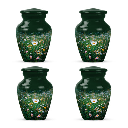 Mint Green Daisy Cremation Urn side profile showing urn shape - elegant classic daisy relief with fine detailing - 10 inch aluminum urn for cremated remains