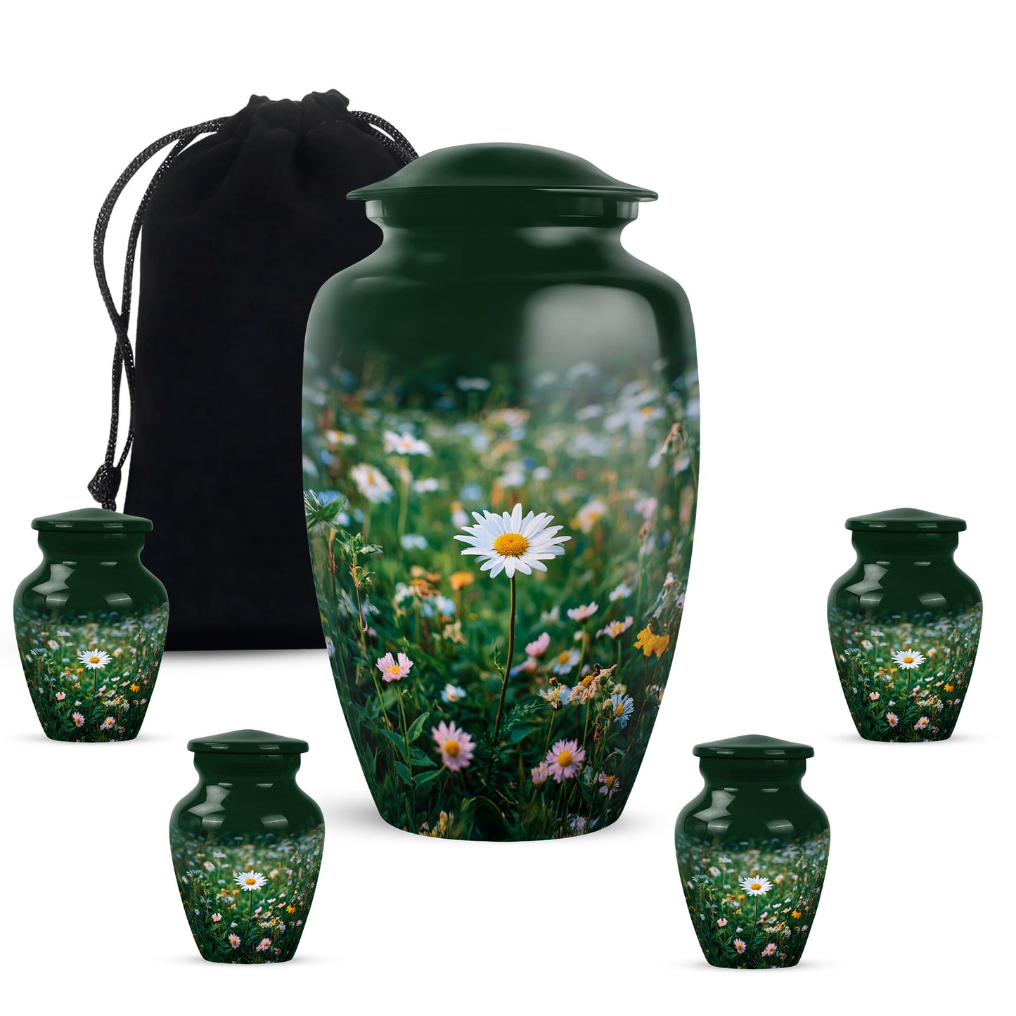 Olive Green Daisy Cremation Urn top-down view of secure threaded lid - elegant classic daisy relief with fine detailing - memorial set with one large and four small urns