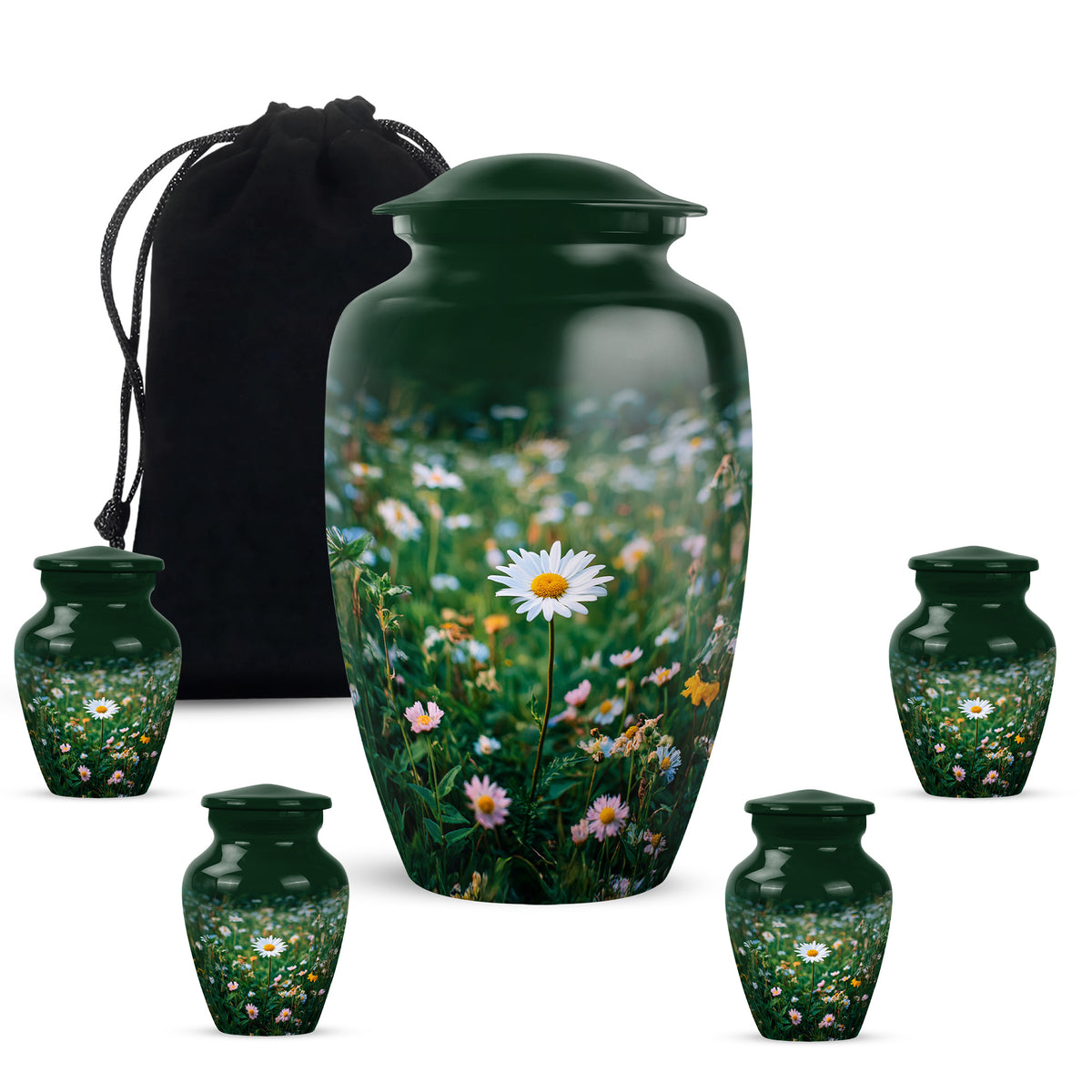 Olive Green Daisy Cremation Urn top-down view of secure threaded lid - elegant classic daisy relief with fine detailing - memorial set with one large and four small urns