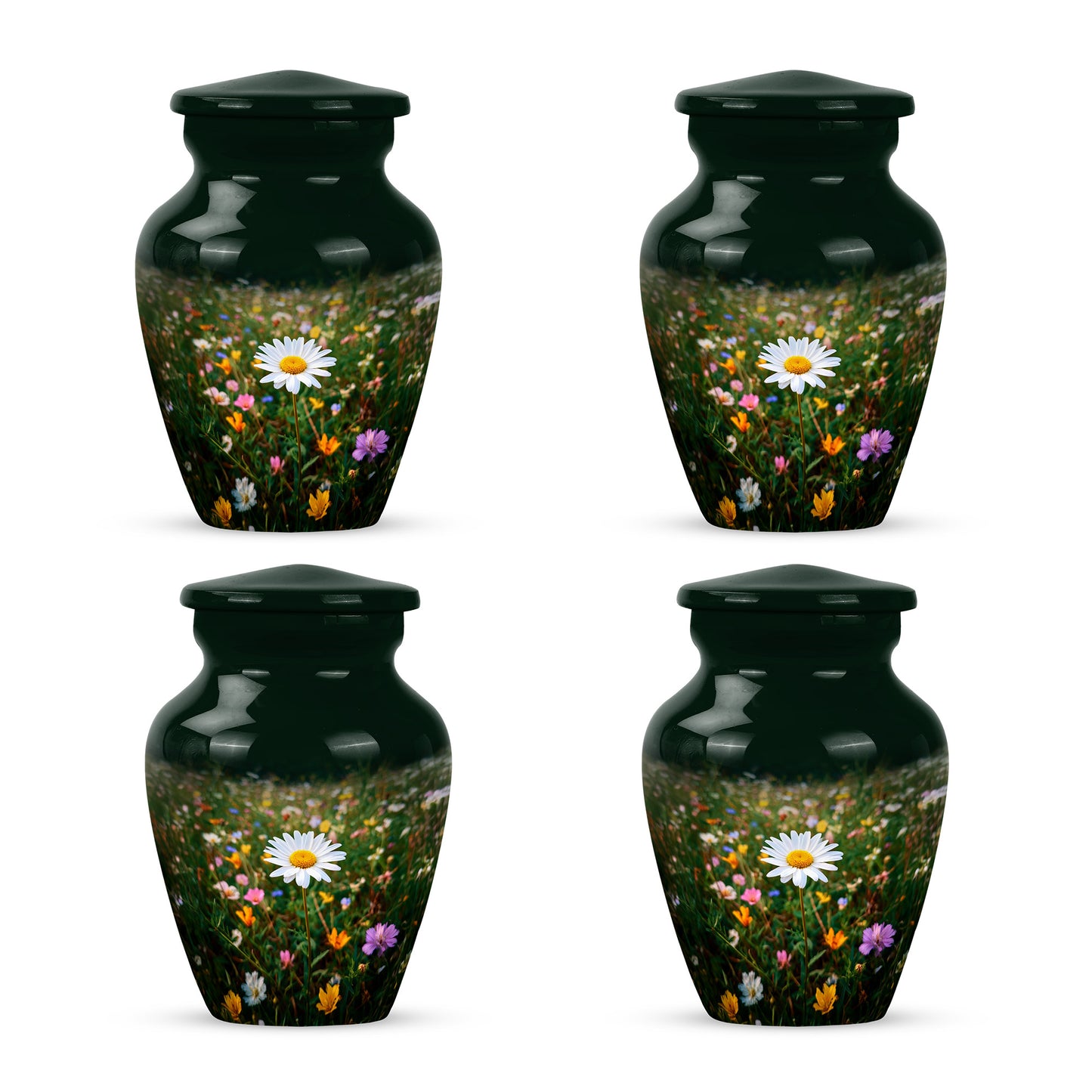 Olive Green Daisy Cremation Urn side profile showing urn shape - traditional daisy engraving with hand-polished finish - 10 inch aluminum urn for cremated remains