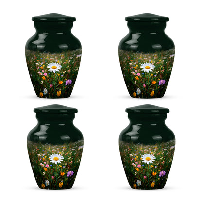 Olive Green Daisy Cremation Urn side profile showing urn shape - traditional daisy engraving with hand-polished finish - 10 inch aluminum urn for cremated remains