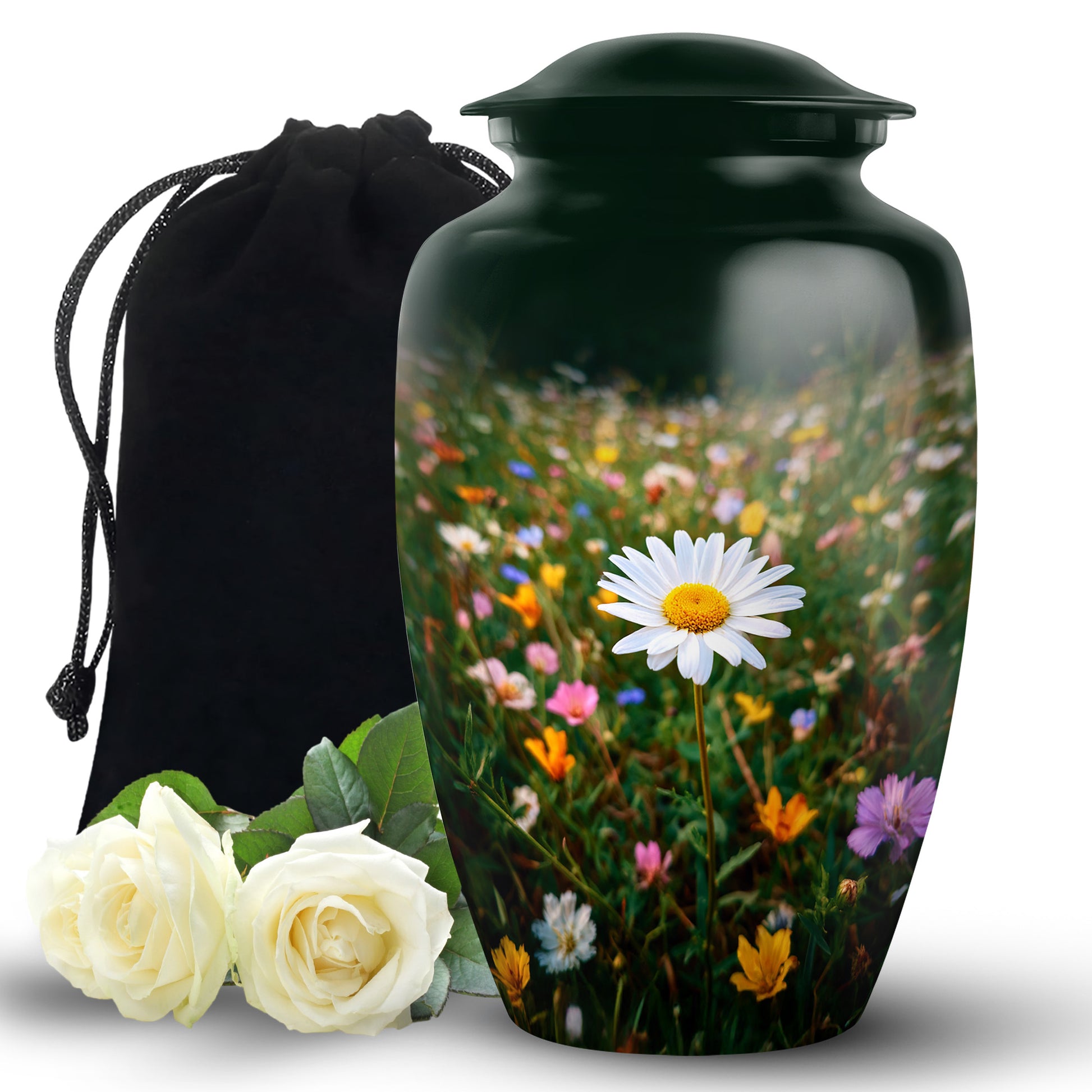 Forest Green Daisy Cremation Urn angled view of lid and engraved motif - elegant classic daisy relief with fine detailing - full-size 10 inch 200 cubic inch adult cremation urn