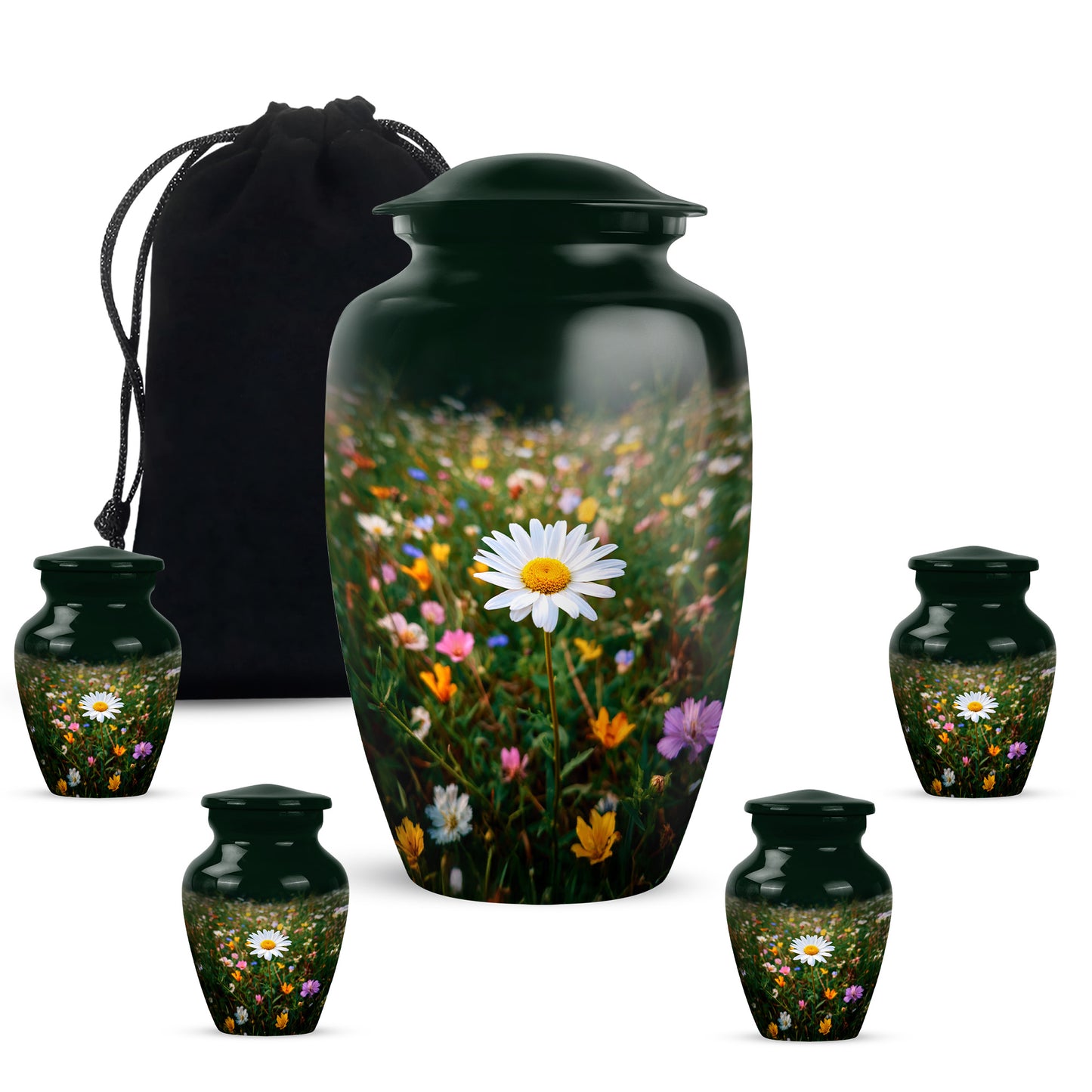 Verdant Green Daisy Cremation Urn top-down view of secure threaded lid - classic sculpted daisy pattern on smooth aluminum - memorial set with one large and four small urns