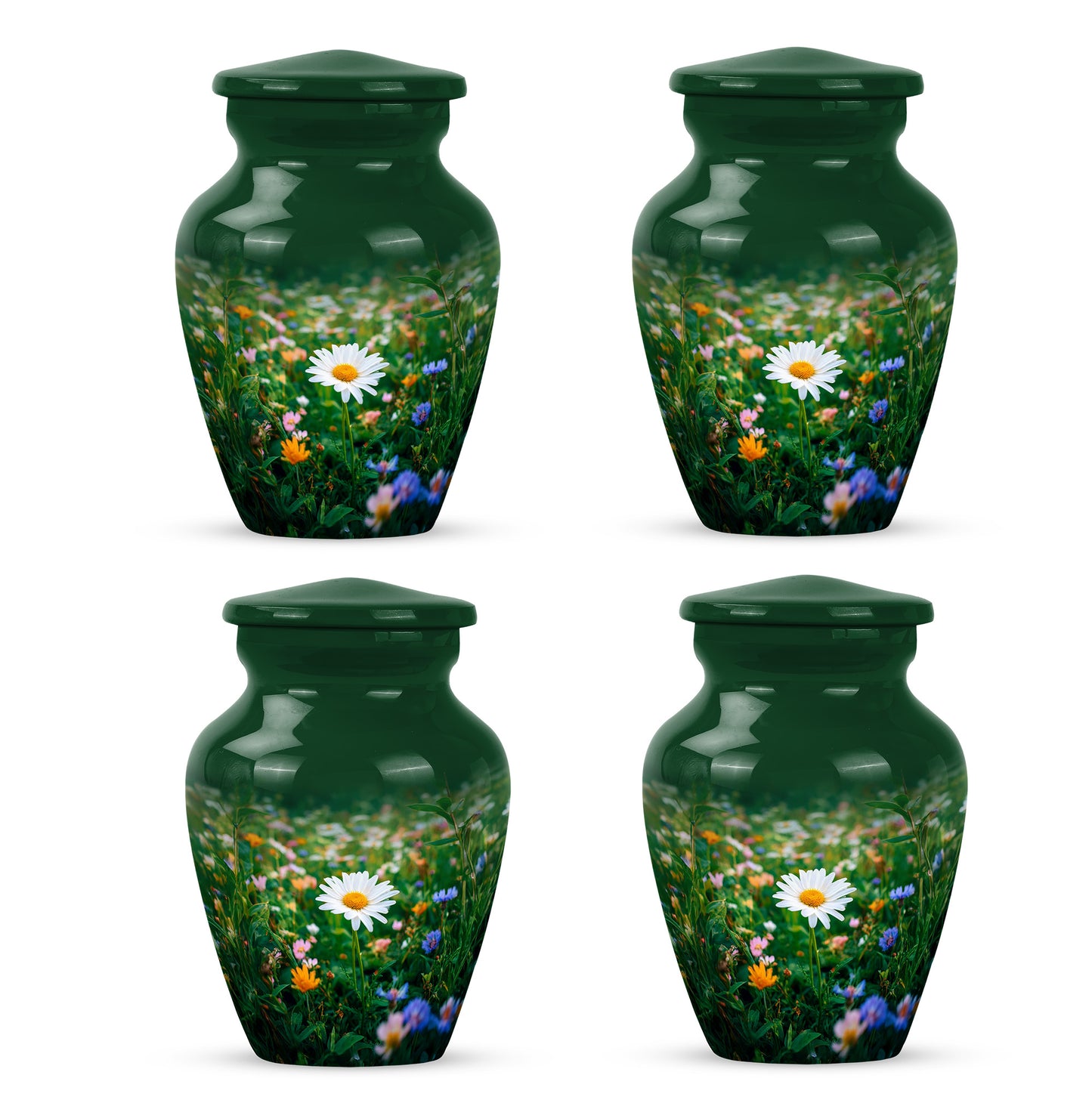 Pine Green Daisy Cremation Urn side profile showing urn shape - traditional daisy engraving with hand-polished finish - 10 inch aluminum urn for cremated remains