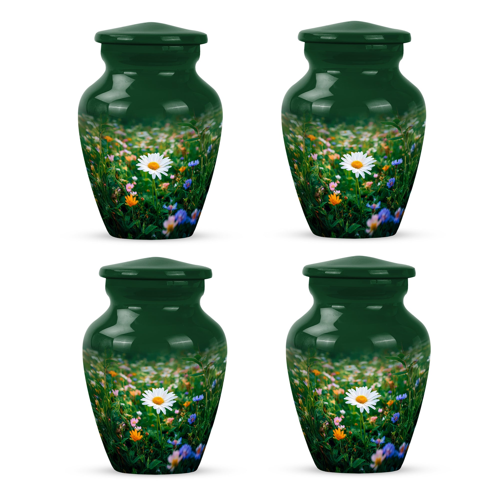 Pine Green Daisy Cremation Urn side profile showing urn shape - traditional daisy engraving with hand-polished finish - 10 inch aluminum urn for cremated remains