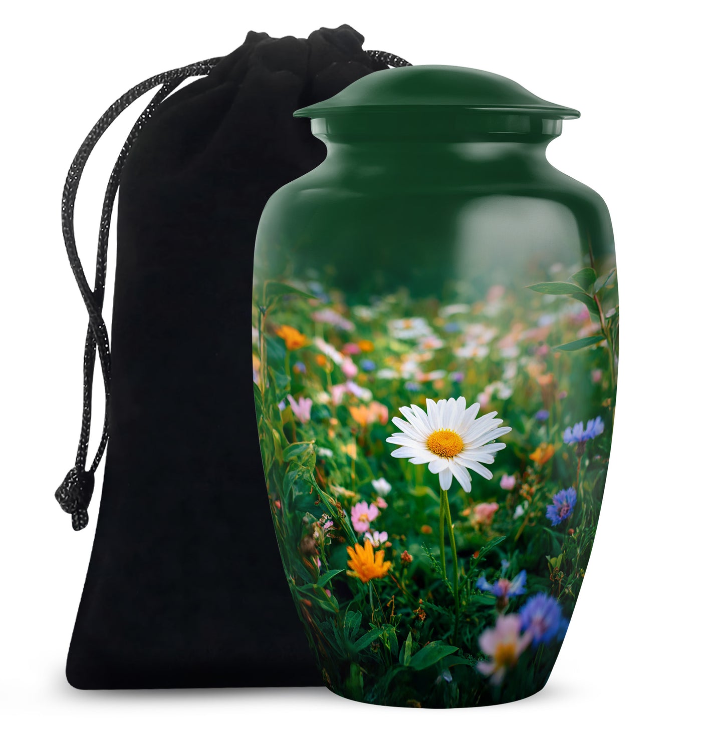 Hunter Green Daisy Cremation Urn angled view of lid and engraved motif - elegant classic daisy relief with fine detailing - full-size 10 inch 200 cubic inch adult cremation urn