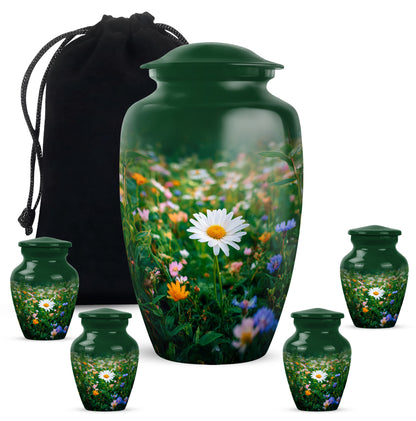 Jade Green Daisy Cremation Urn top-down view of secure threaded lid - classic sculpted daisy pattern on smooth aluminum - memorial set with one large and four small urns