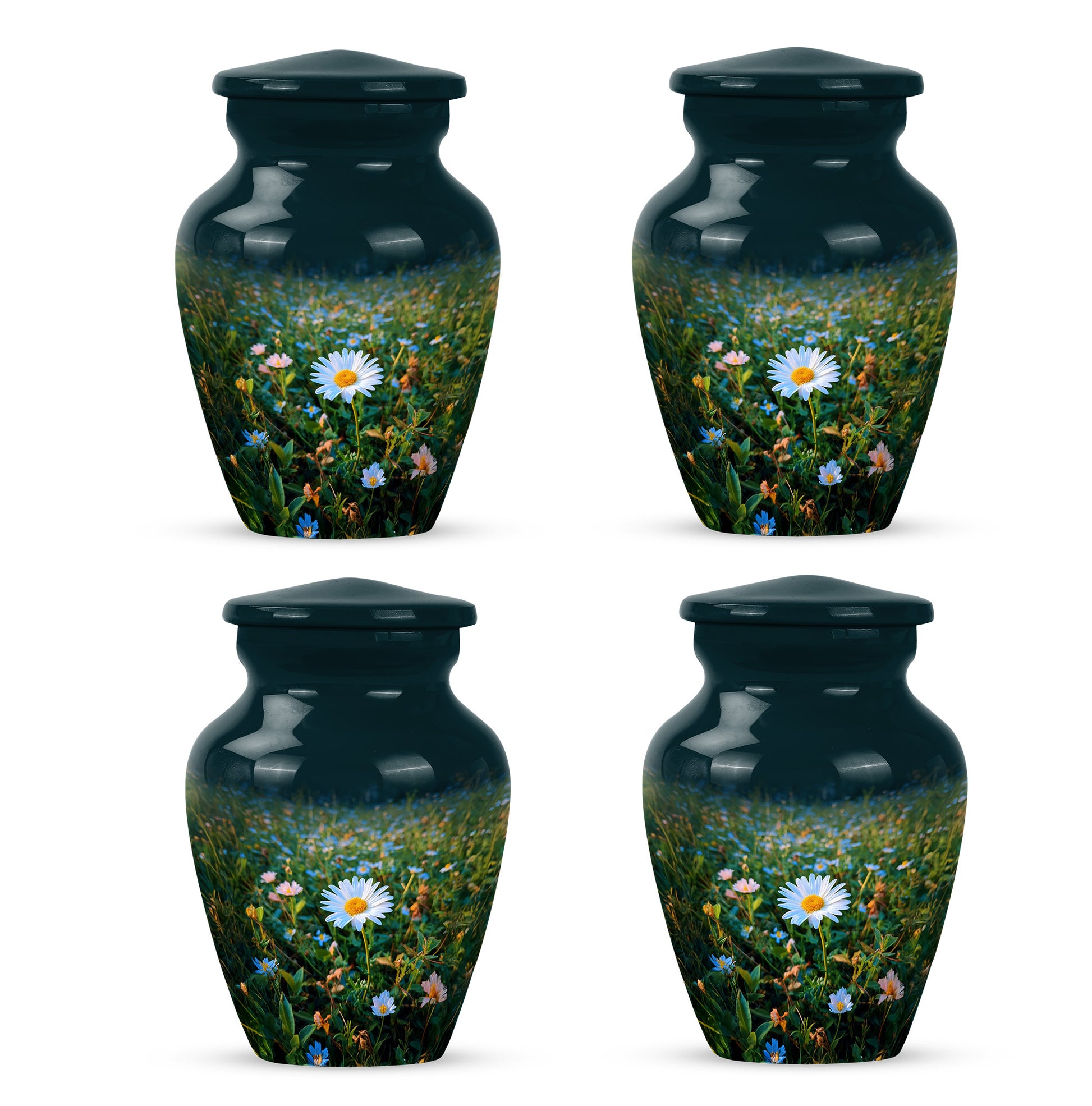 Soft Teal Daisy Cremation Urn side profile showing urn shape - classic sculpted daisy pattern on smooth aluminum - 10 inch aluminum urn for cremated remains