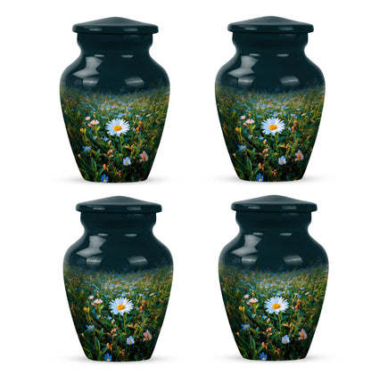 Soft Teal Daisy Cremation Urn side profile showing urn shape - classic sculpted daisy pattern on smooth aluminum - 10 inch aluminum urn for cremated remains