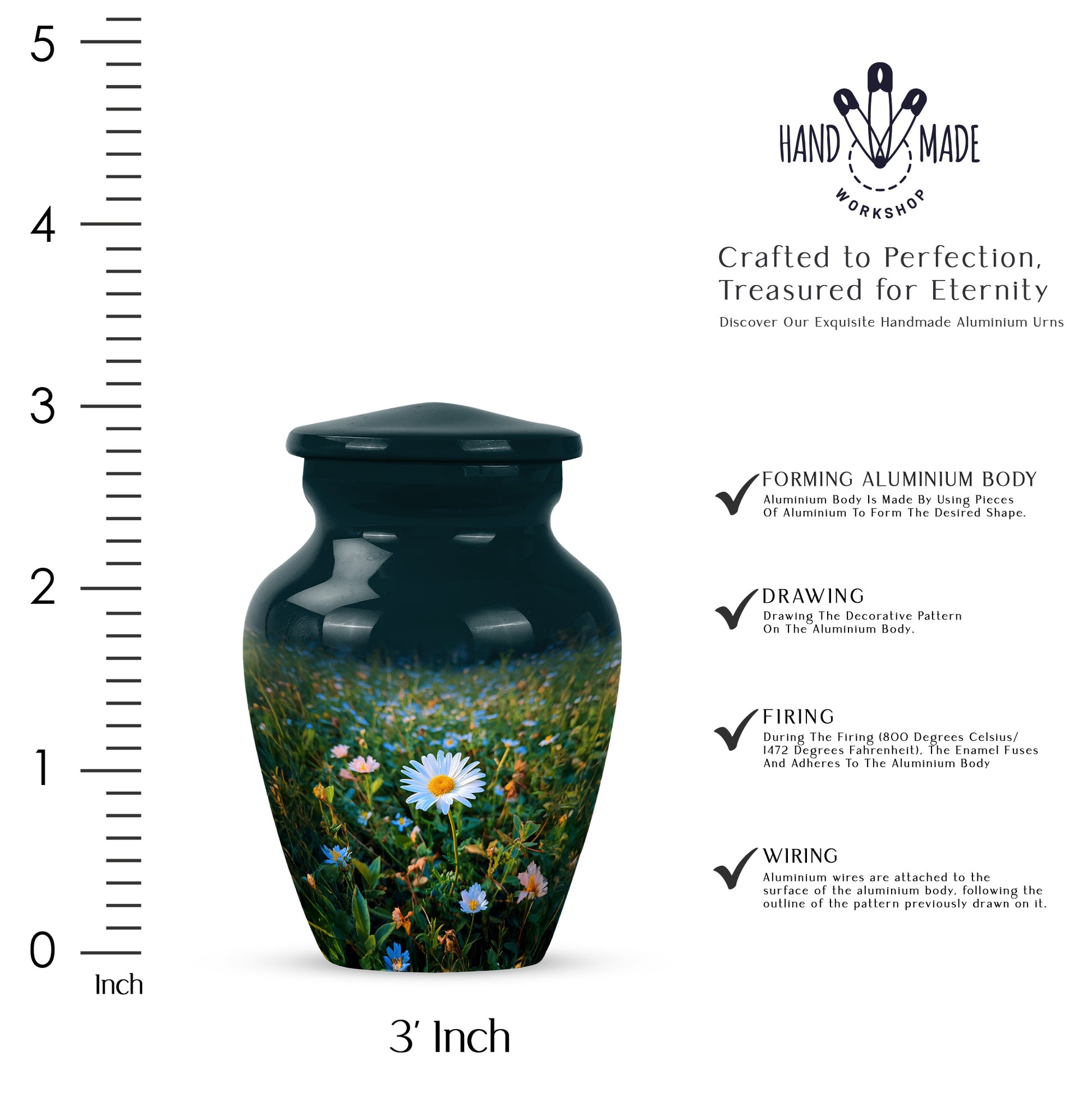 Jewel Teal Daisy Cremation Urn close-up of engraving and surface detail - timeless daisy motif etched into premium metal - mini keepsake memorial for portion of cremation ashes