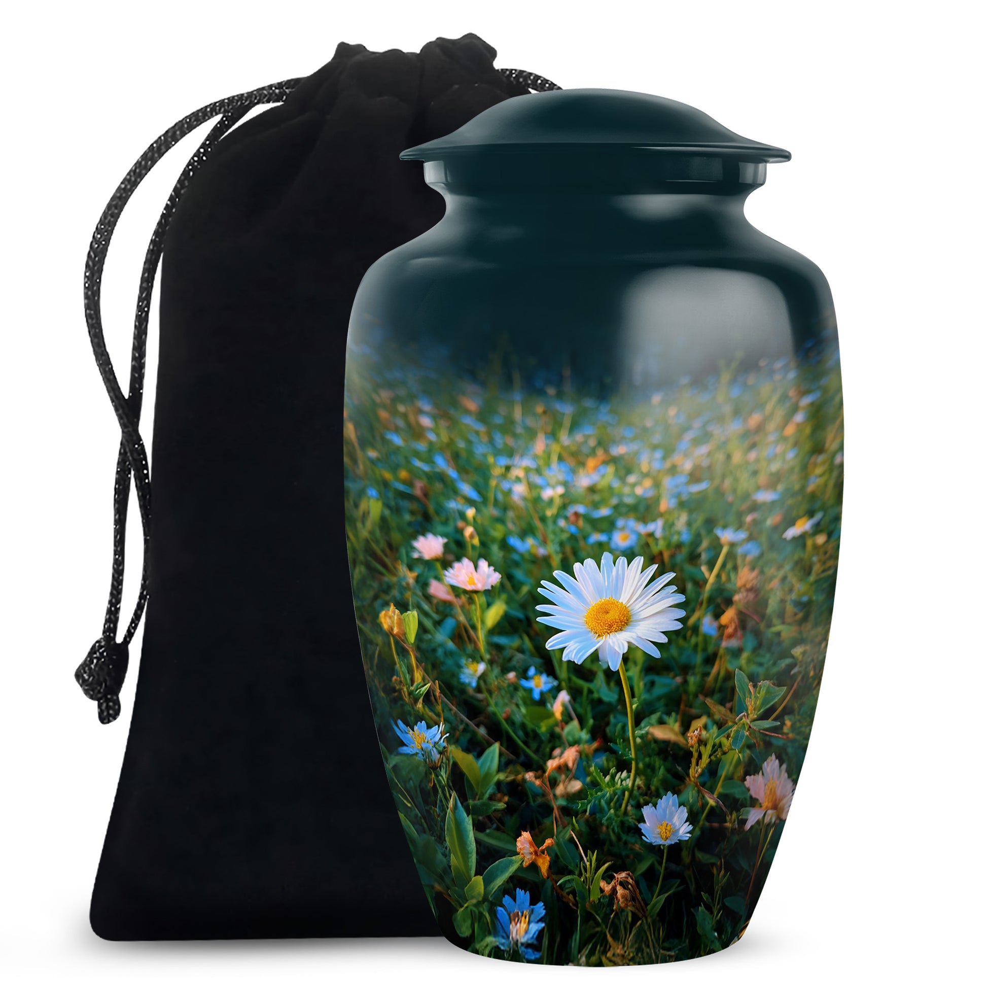 Cool Teal Daisy Cremation Urn angled view of lid and engraved motif - classic sculpted daisy pattern on smooth aluminum - full-size 10 inch 200 cubic inch adult cremation urn