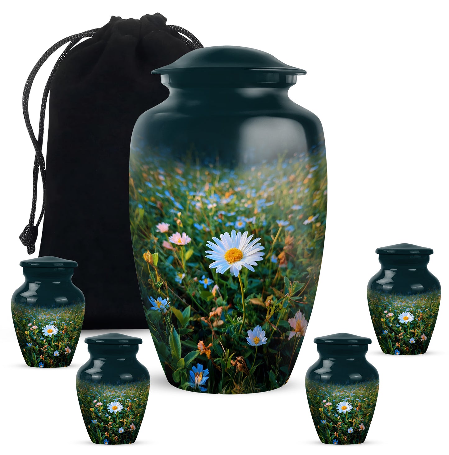 Tropical Teal Daisy Cremation Urn top-down view of secure threaded lid - traditional daisy engraving with hand-polished finish - memorial set with one large and four small urns