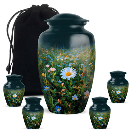 Tropical Teal Daisy Cremation Urn top-down view of secure threaded lid - traditional daisy engraving with hand-polished finish - memorial set with one large and four small urns