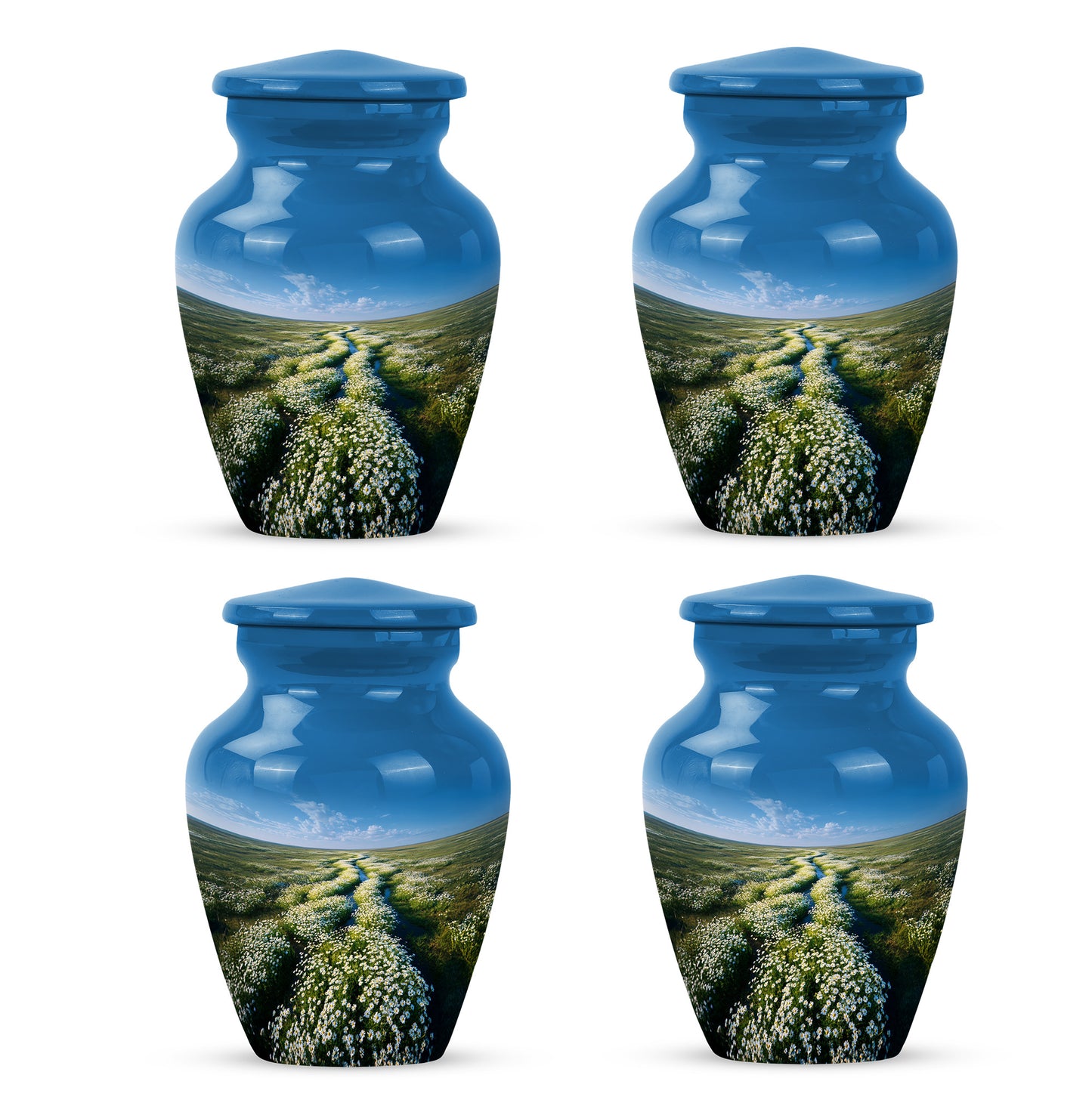 Pastel Blue Daisy Cremation Urn side profile showing urn shape - timeless daisy motif etched into premium metal - 10 inch aluminum urn for cremated remains