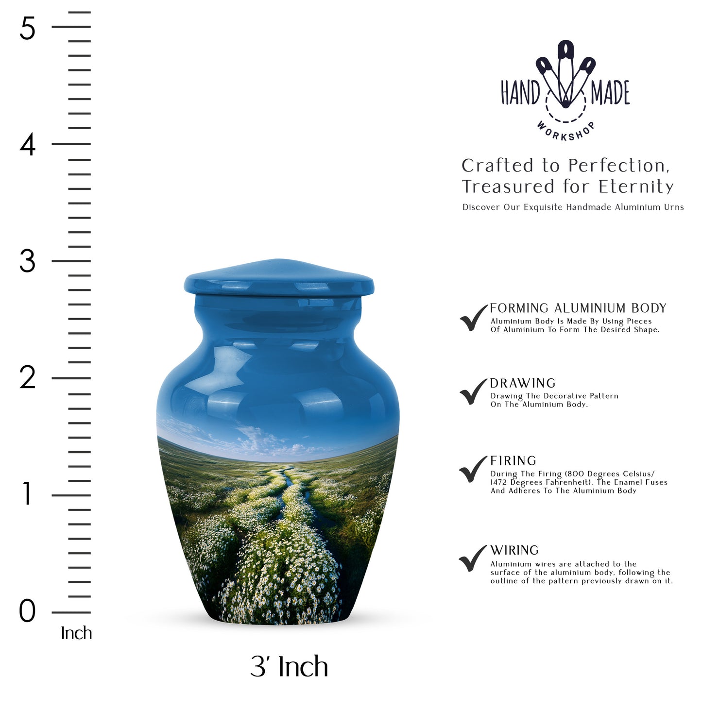 Icy Blue Daisy Cremation Urn close-up of engraving and surface detail - classic sculpted daisy pattern on smooth aluminum - mini keepsake memorial for portion of cremation ashes