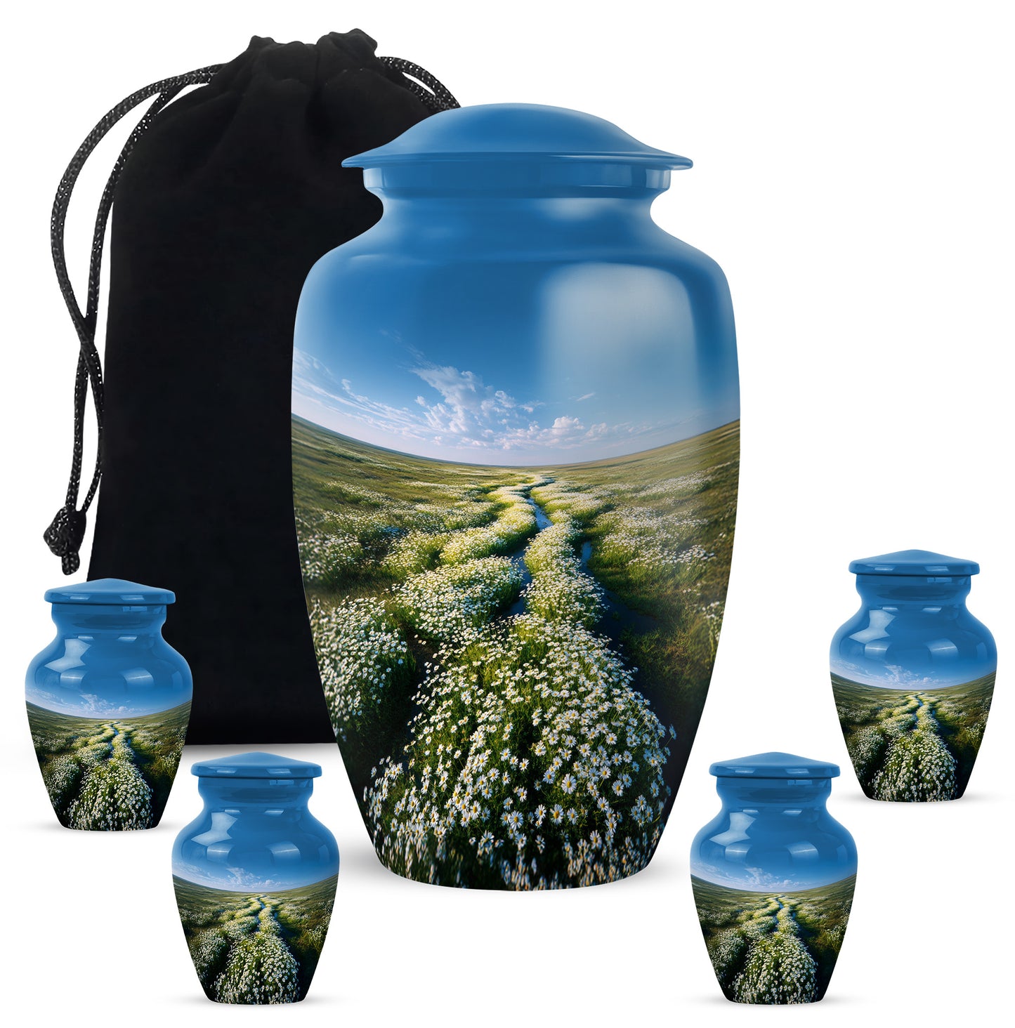 Calming Blue Daisy Cremation Urn top-down view of secure threaded lid - traditional daisy engraving with hand-polished finish - memorial set with one large and four small urns
