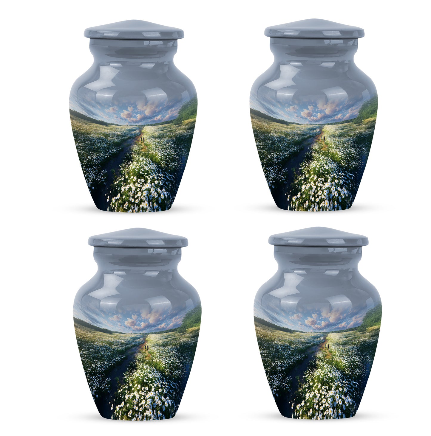 Steel Blue Daisy Cremation Urn side profile showing urn shape - elegant classic daisy relief with fine detailing - 10 inch aluminum urn for cremated remains