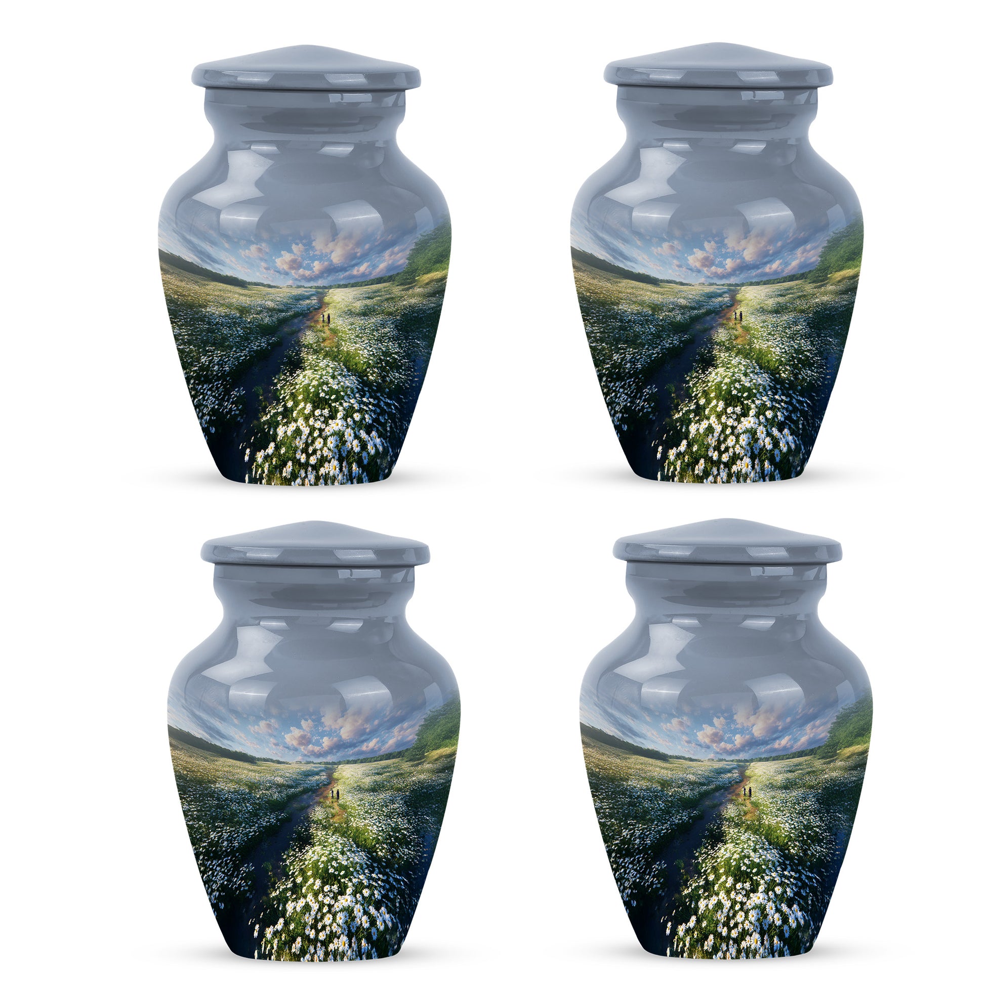 Steel Blue Daisy Cremation Urn side profile showing urn shape - elegant classic daisy relief with fine detailing - 10 inch aluminum urn for cremated remains