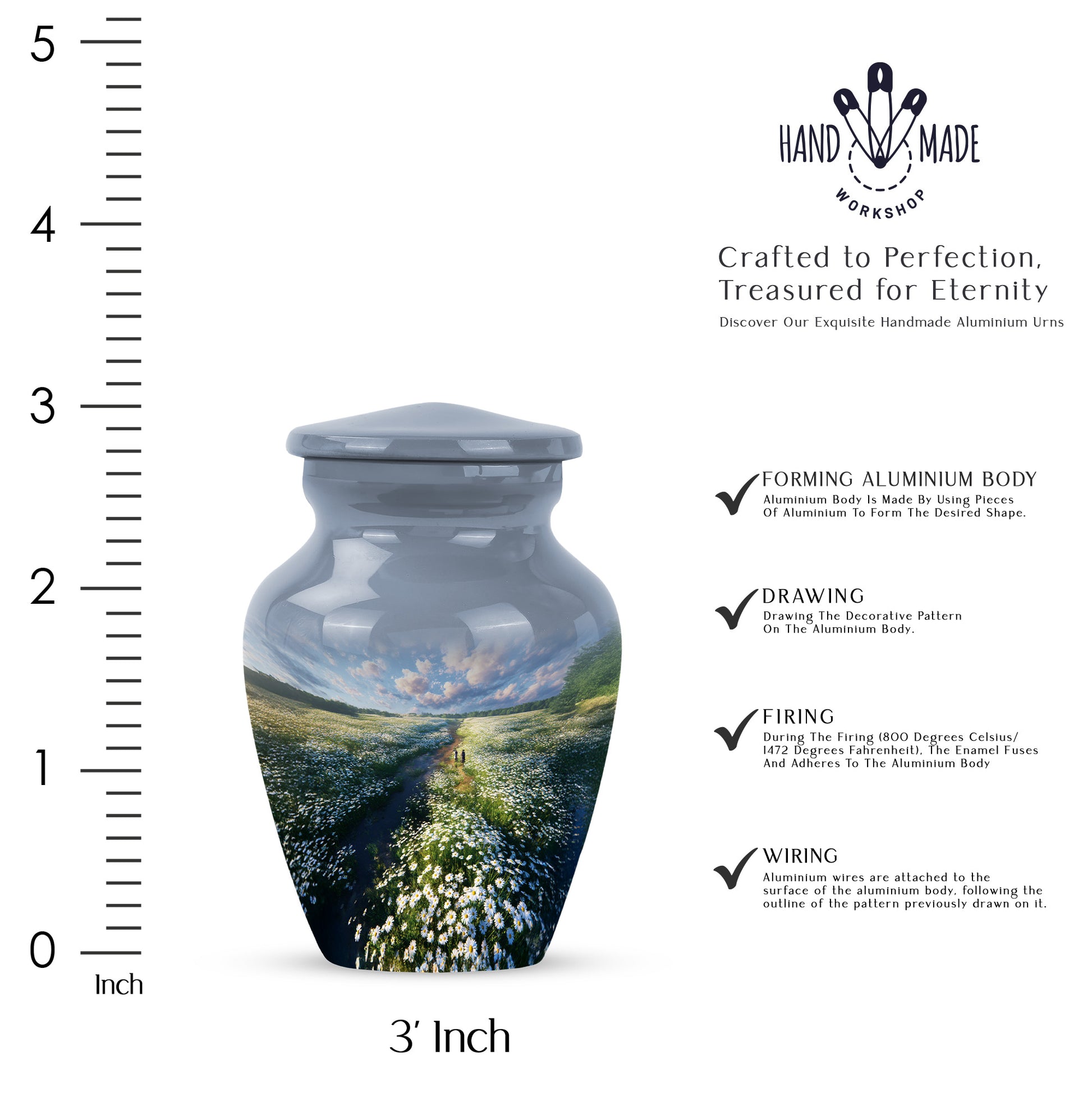 Cornflower Blue Daisy Cremation Urn close-up of engraving and surface detail - elegant classic daisy relief with fine detailing - mini keepsake memorial for portion of cremation ashes