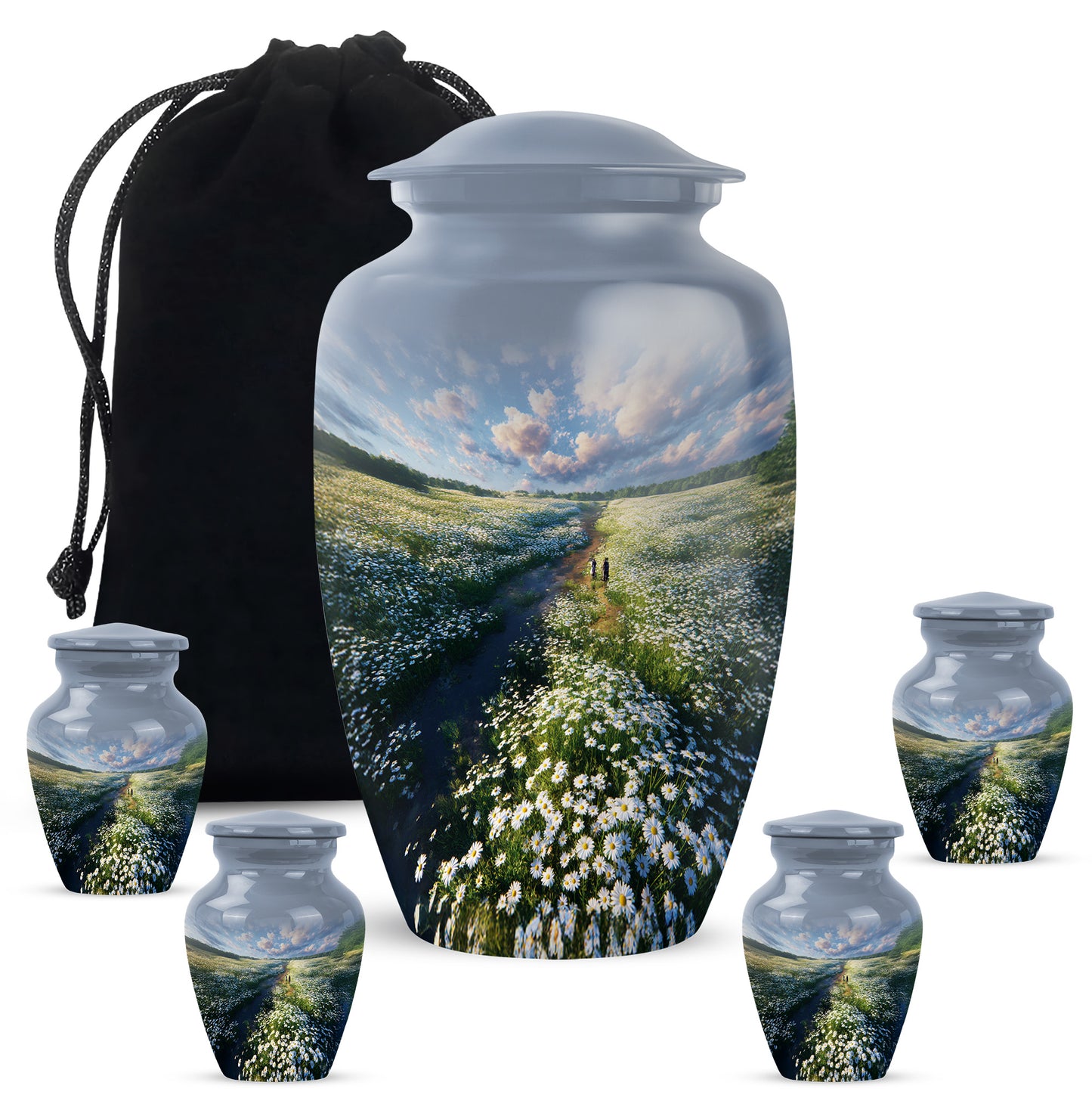Slate Blue Daisy Cremation Urn top-down view of secure threaded lid - classic sculpted daisy pattern on smooth aluminum - memorial set with one large and four small urns