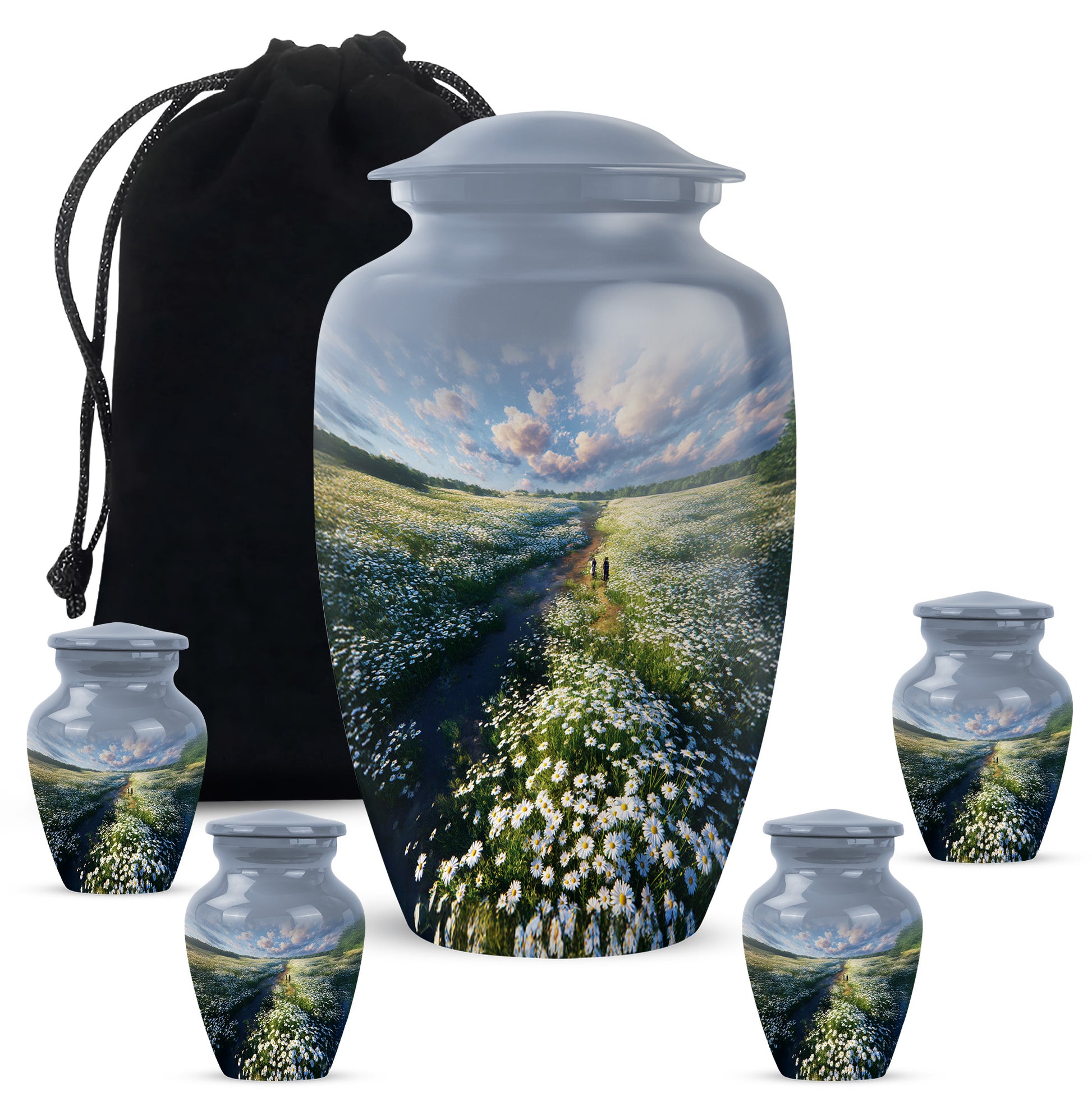 Slate Blue Daisy Cremation Urn top-down view of secure threaded lid - classic sculpted daisy pattern on smooth aluminum - memorial set with one large and four small urns