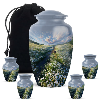 Slate Blue Daisy Cremation Urn top-down view of secure threaded lid - classic sculpted daisy pattern on smooth aluminum - memorial set with one large and four small urns