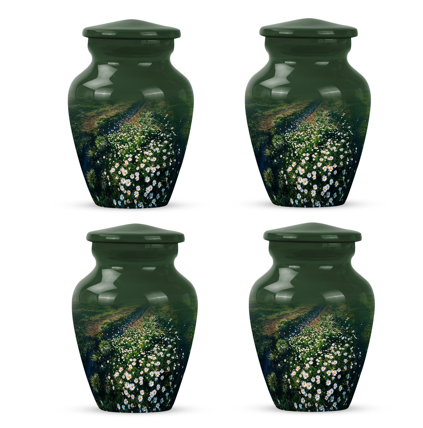 Verdant Green Daisy Cremation Urn side profile showing urn shape - classic sculpted daisy pattern on smooth aluminum - 10 inch aluminum urn for cremated remains