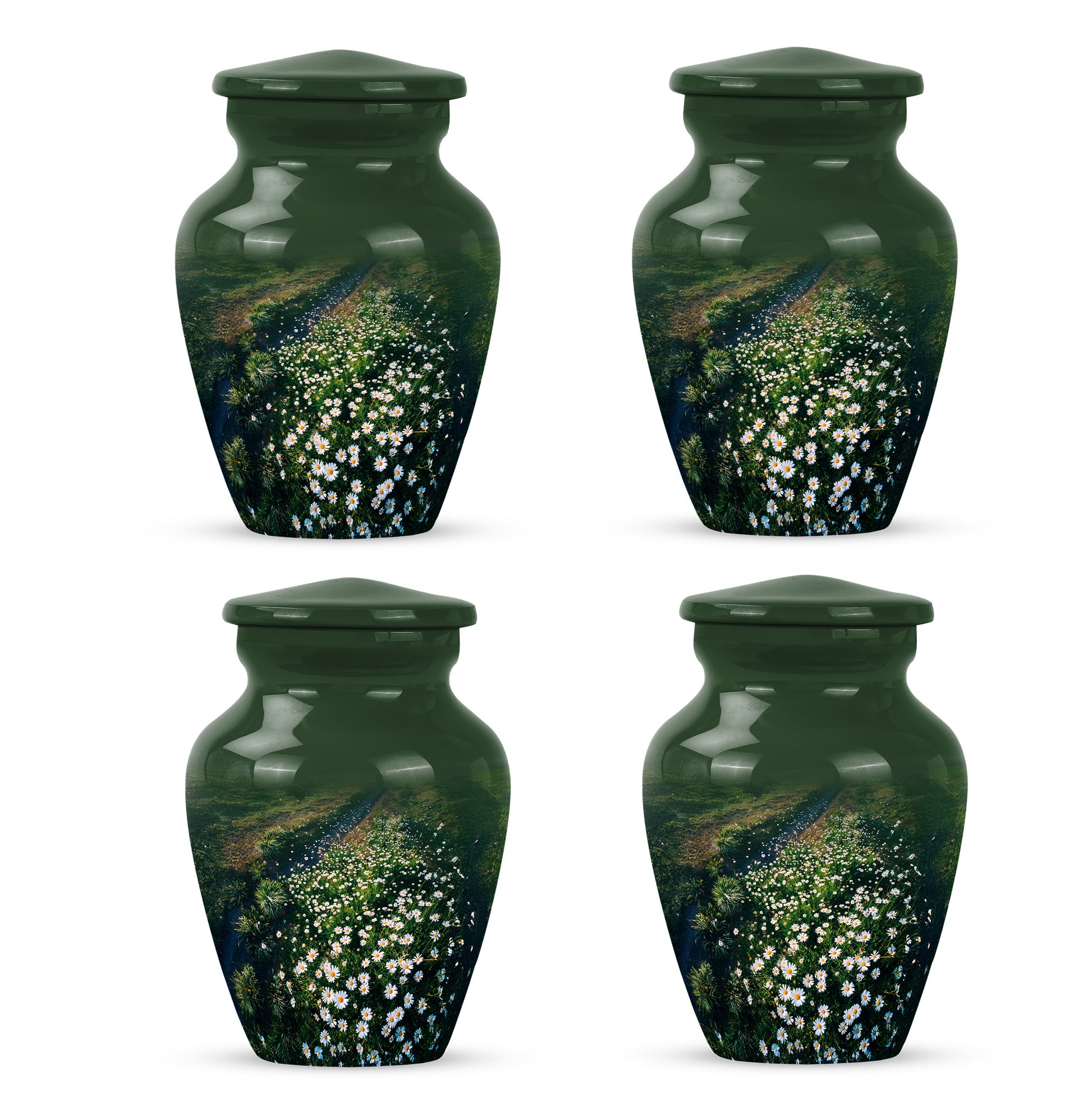 Verdant Green Daisy Cremation Urn side profile showing urn shape - classic sculpted daisy pattern on smooth aluminum - 10 inch aluminum urn for cremated remains