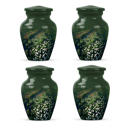 Verdant Green Daisy Cremation Urn side profile showing urn shape - classic sculpted daisy pattern on smooth aluminum - 10 inch aluminum urn for cremated remains
