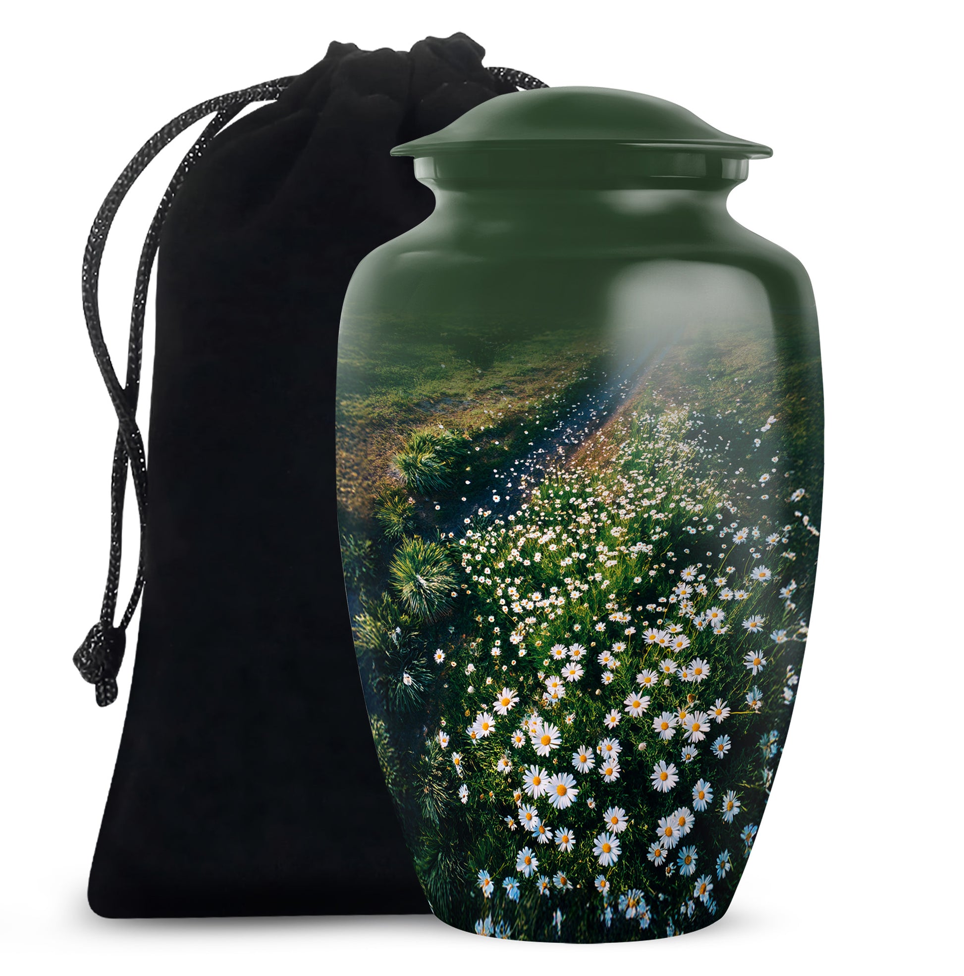 Emerald Green Daisy Cremation Urn angled view of lid and engraved motif - classic sculpted daisy pattern on smooth aluminum - full-size 10 inch 200 cubic inch adult cremation urn