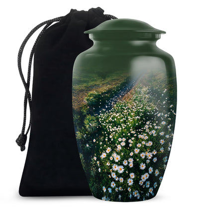 Emerald Green Daisy Cremation Urn angled view of lid and engraved motif - classic sculpted daisy pattern on smooth aluminum - full-size 10 inch 200 cubic inch adult cremation urn