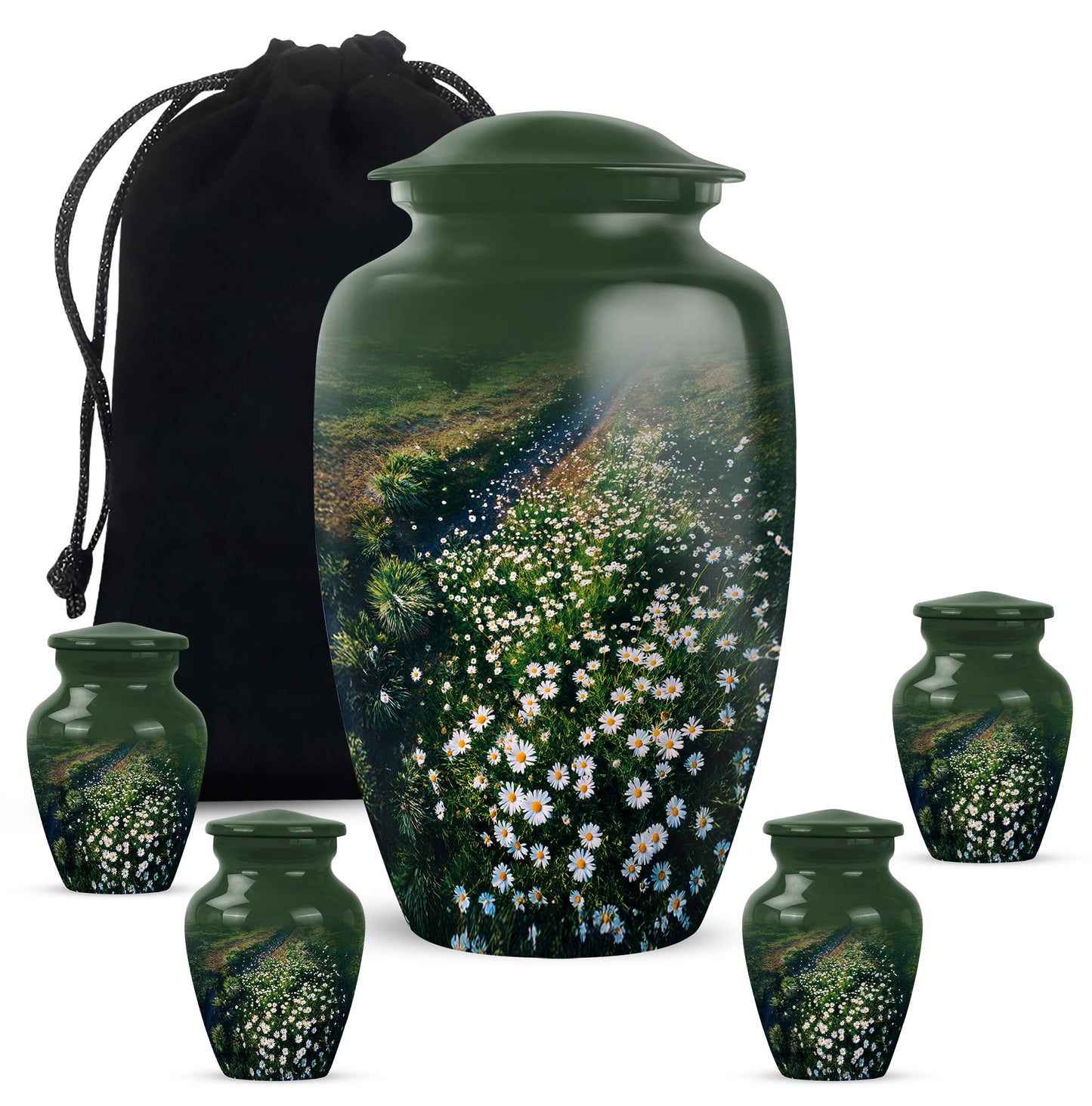 Olive Green Daisy Cremation Urn top-down view of secure threaded lid - traditional daisy engraving with hand-polished finish - memorial set with one large and four small urns
