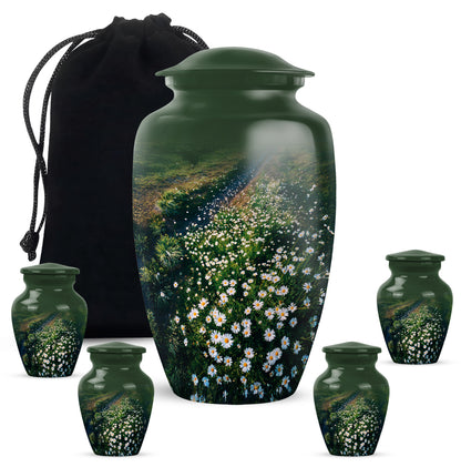 Olive Green Daisy Cremation Urn top-down view of secure threaded lid - traditional daisy engraving with hand-polished finish - memorial set with one large and four small urns