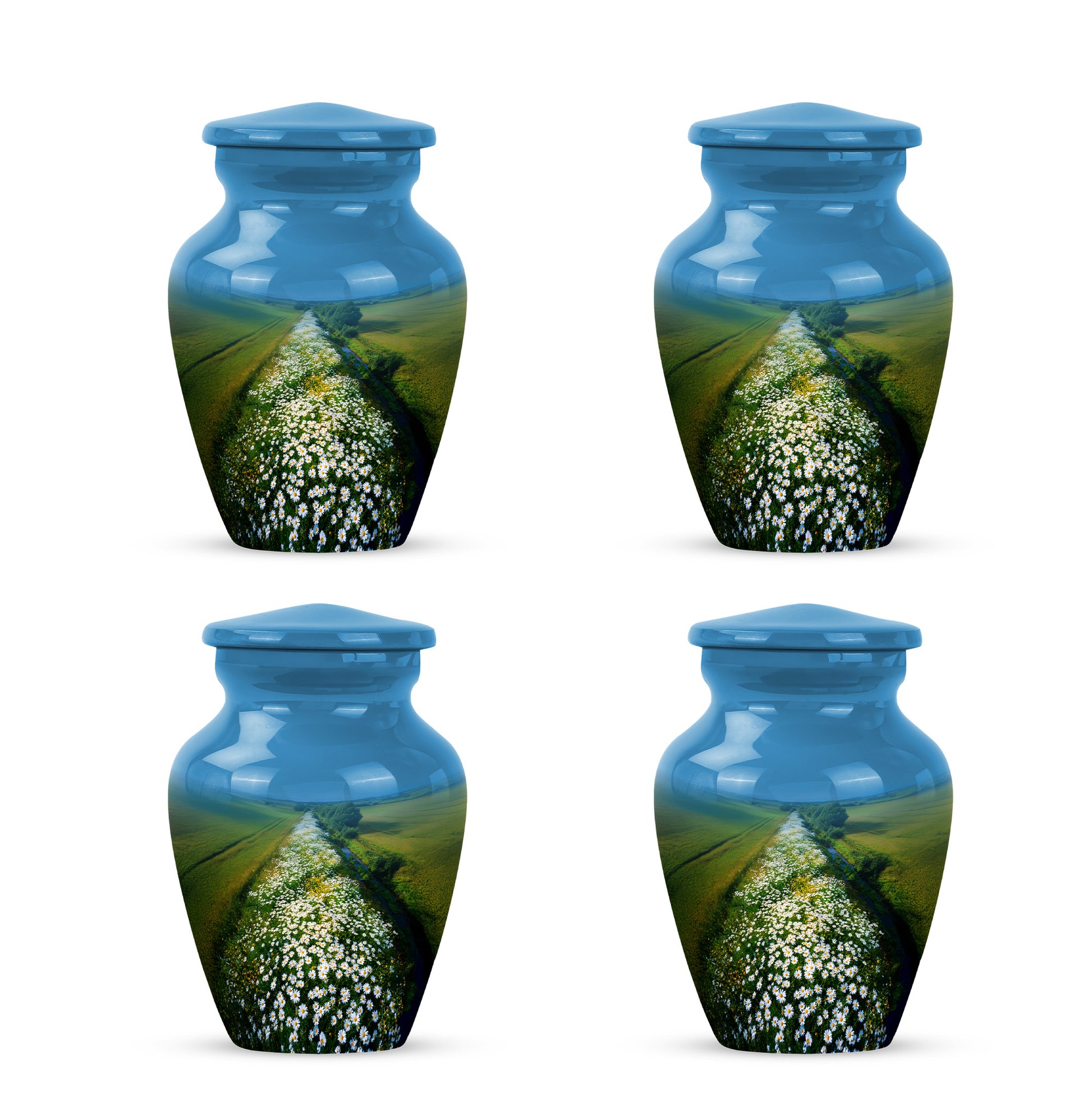Misty Blue Daisy Cremation Urn side profile showing urn shape - timeless daisy motif etched into premium metal - 10 inch aluminum urn for cremated remains