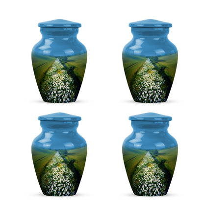 Misty Blue Daisy Cremation Urn side profile showing urn shape - timeless daisy motif etched into premium metal - 10 inch aluminum urn for cremated remains