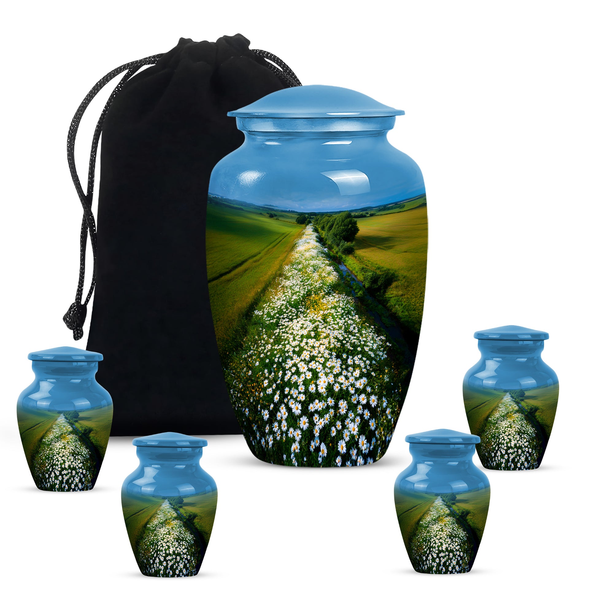 Royal Blue Daisy Cremation Urn top-down view of secure threaded lid - traditional daisy engraving with hand-polished finish - memorial set with one large and four small urns
