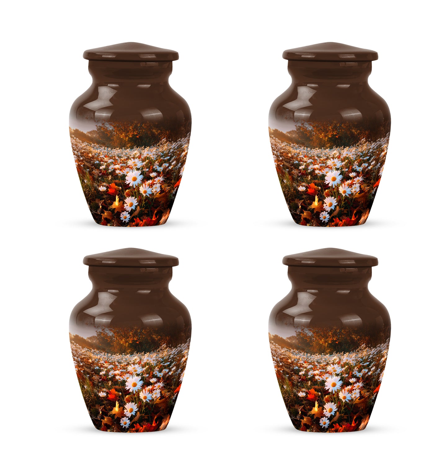Warm Gold Daisy Cremation Urn side profile showing urn shape - traditional daisy engraving with hand-polished finish - 10 inch aluminum urn for cremated remains