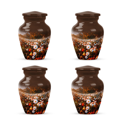 Warm Gold Daisy Cremation Urn side profile showing urn shape - traditional daisy engraving with hand-polished finish - 10 inch aluminum urn for cremated remains