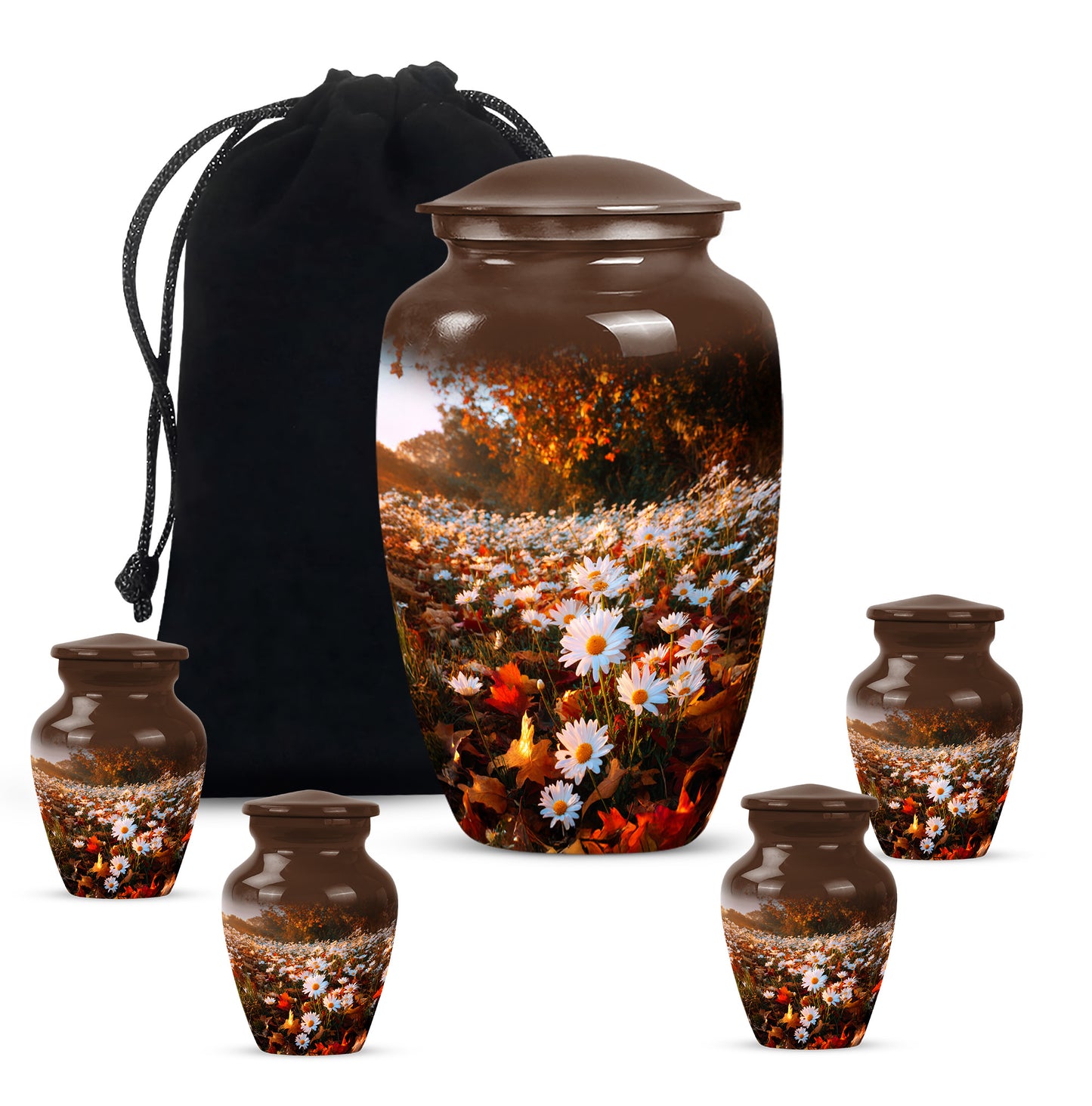 Warm Gold Daisy Cremation Urn top-down view of secure threaded lid - traditional daisy engraving with hand-polished finish - memorial set with one large and four small urns