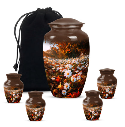 Warm Gold Daisy Cremation Urn top-down view of secure threaded lid - traditional daisy engraving with hand-polished finish - memorial set with one large and four small urns
