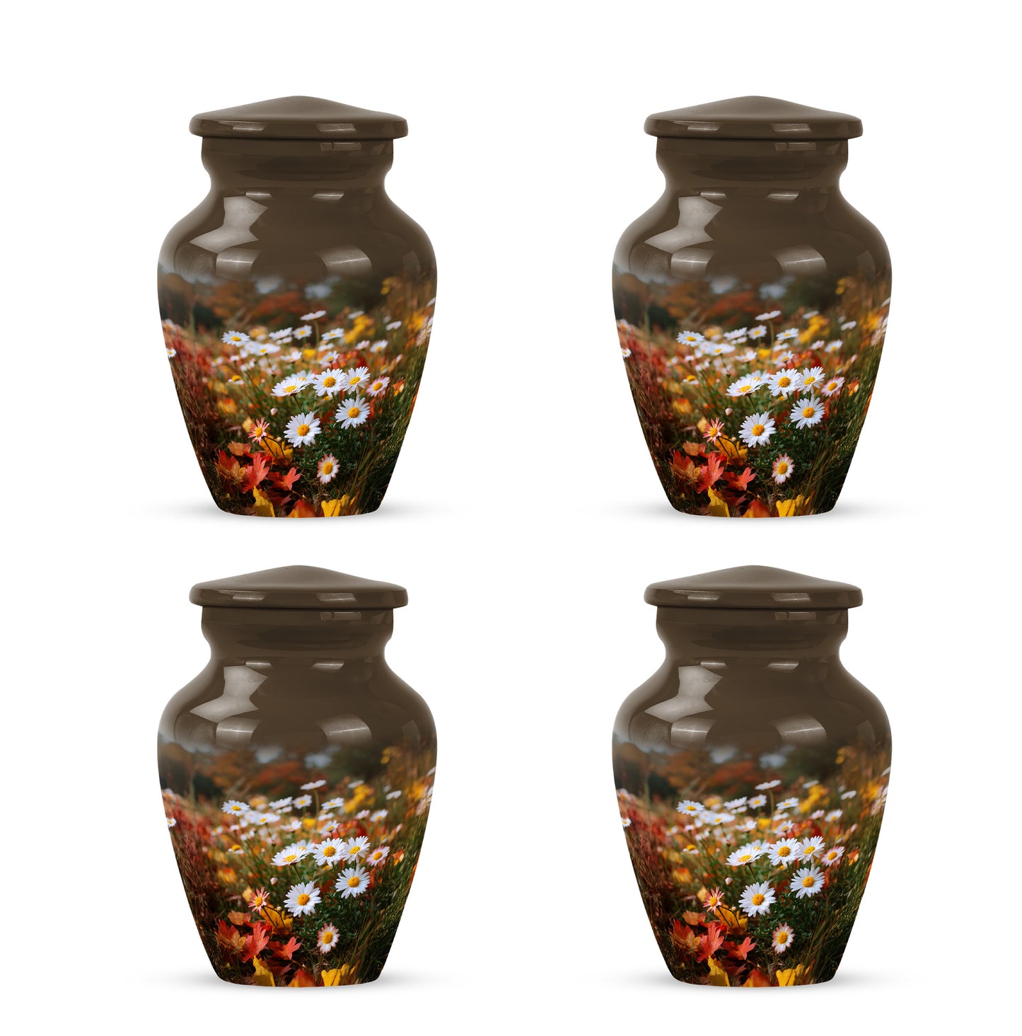 Antique Gold Daisy Cremation Urn side profile showing urn shape - classic sculpted daisy pattern on smooth aluminum - 10 inch aluminum urn for cremated remains