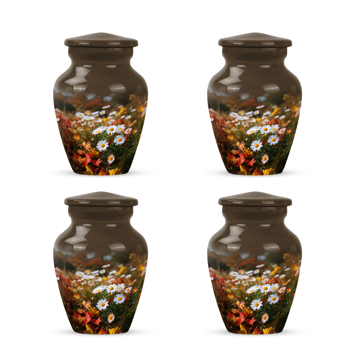 Antique Gold Daisy Cremation Urn side profile showing urn shape - classic sculpted daisy pattern on smooth aluminum - 10 inch aluminum urn for cremated remains