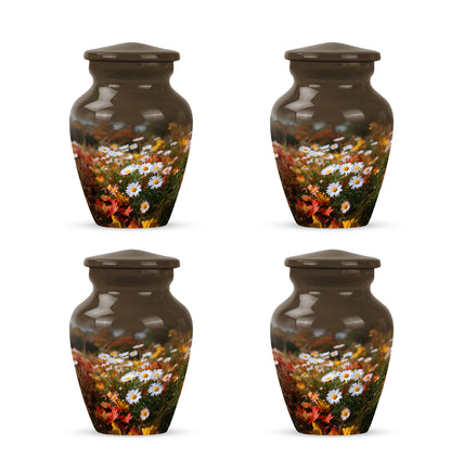 Antique Gold Daisy Cremation Urn side profile showing urn shape - classic sculpted daisy pattern on smooth aluminum - 10 inch aluminum urn for cremated remains
