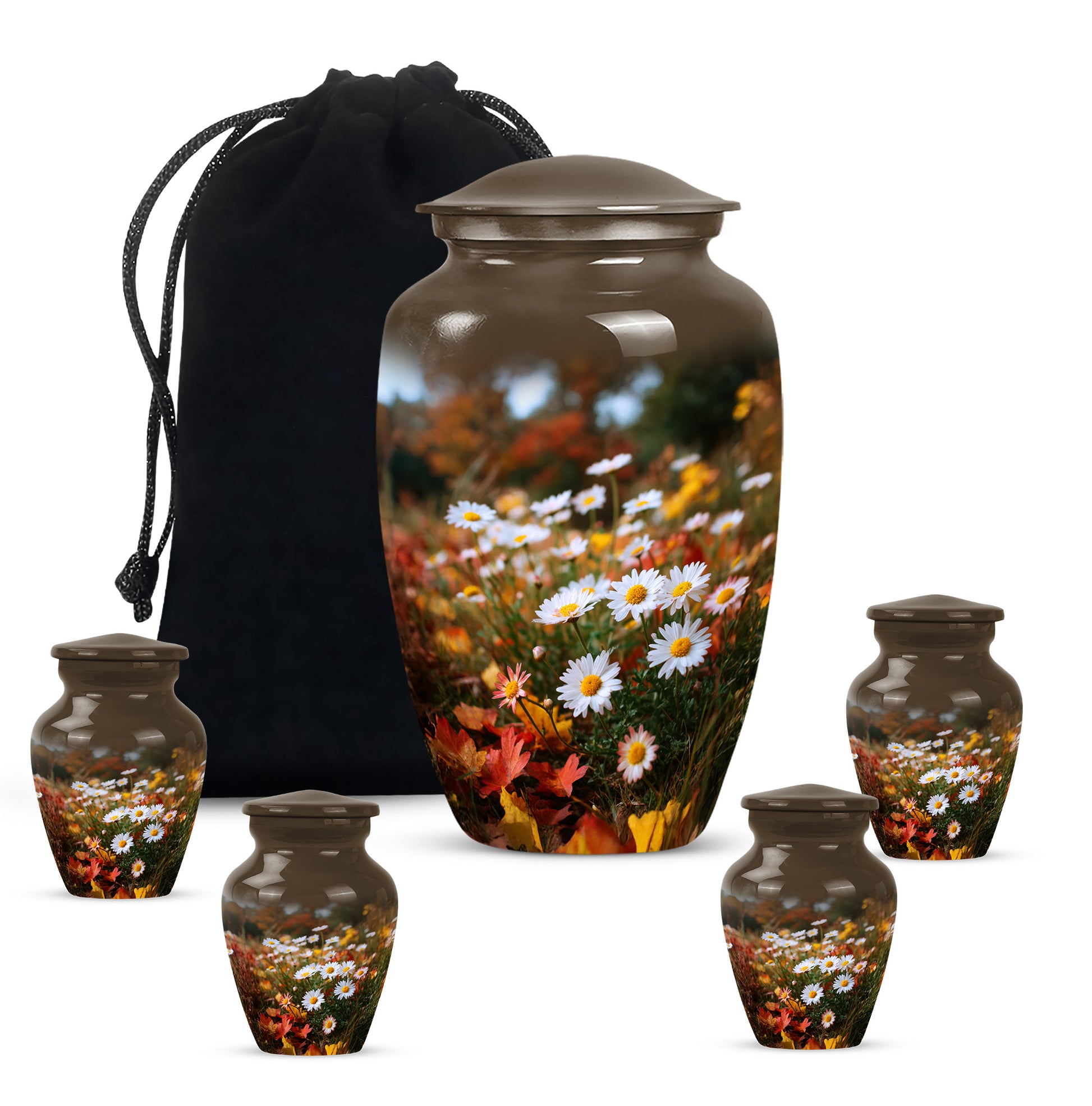 Amber Gold Daisy Cremation Urn top-down view of secure threaded lid - timeless daisy motif etched into premium metal - memorial set with one large and four small urns