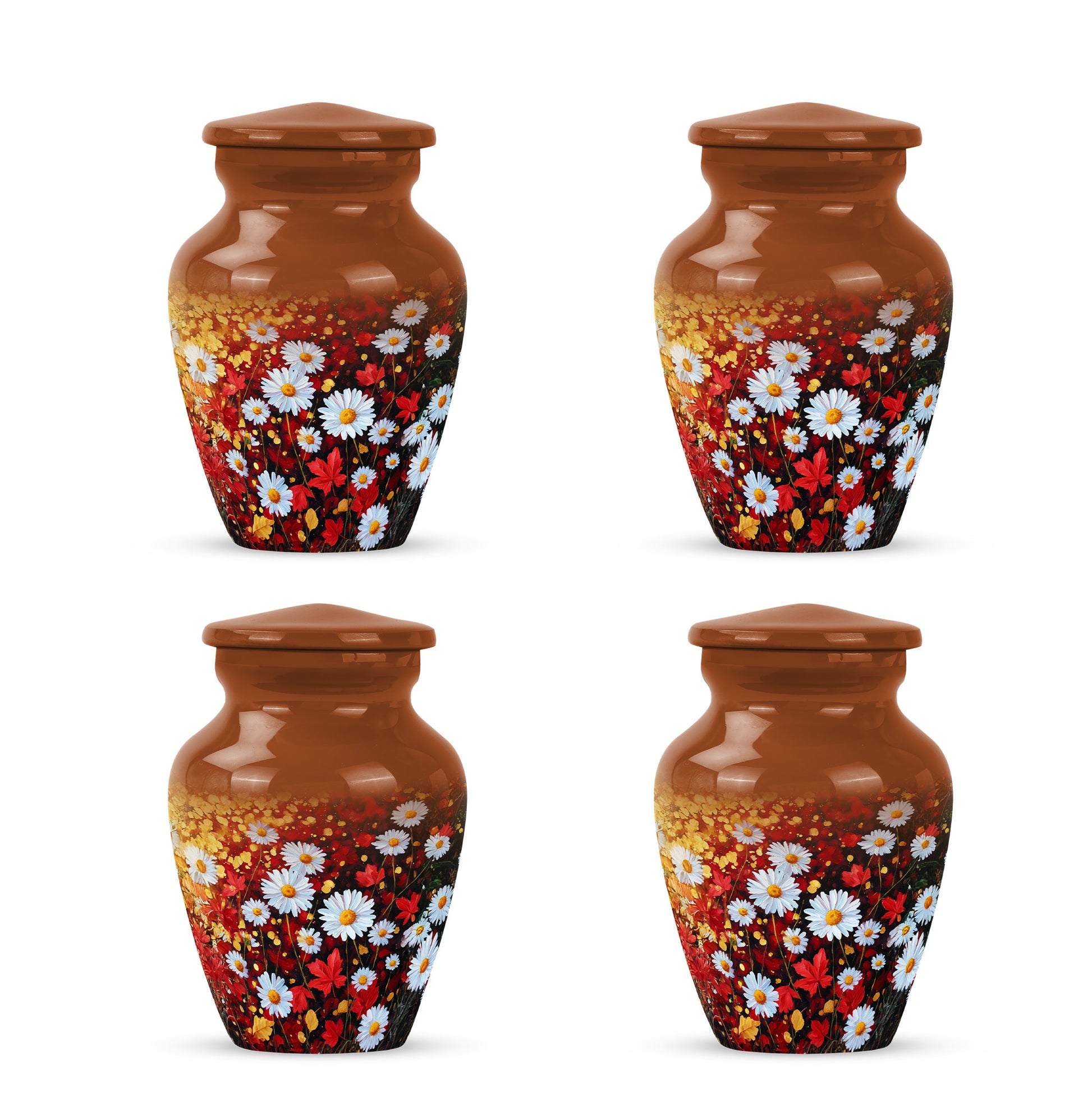 Antique Gold Daisy Cremation Urn side profile showing urn shape - timeless daisy motif etched into premium metal - 10 inch aluminum urn for cremated remains