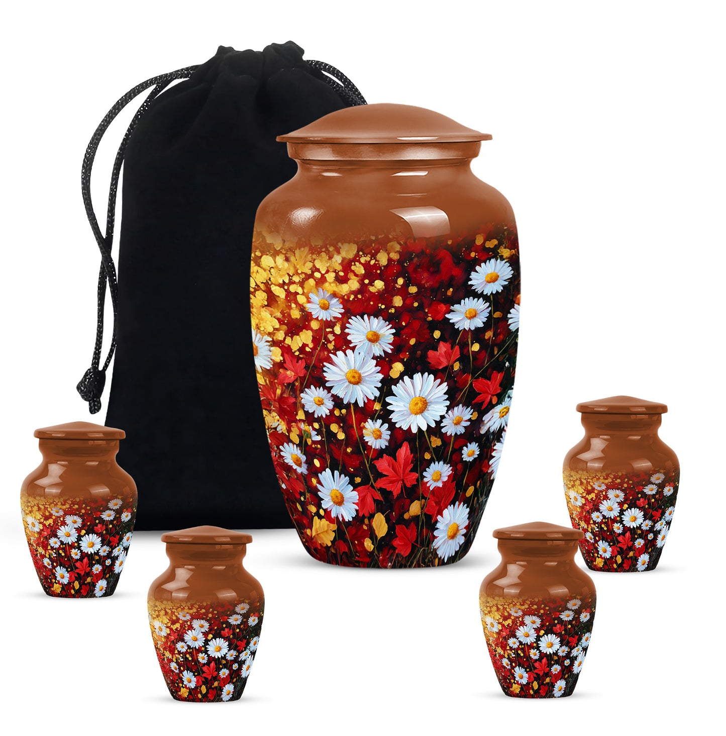 Matte Gold Daisy Cremation Urn top-down view of secure threaded lid - elegant classic daisy relief with fine detailing - memorial set with one large and four small urns