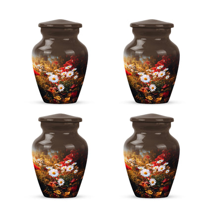 Royal Gold Daisy Cremation Urn side profile showing urn shape - traditional daisy engraving with hand-polished finish - 10 inch aluminum urn for cremated remains