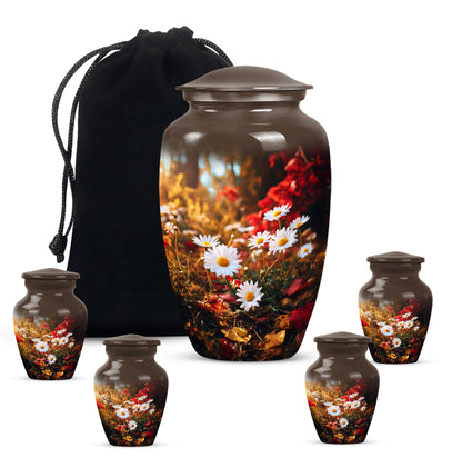 Warm Gold Daisy Cremation Urn top-down view of secure threaded lid - elegant classic daisy relief with fine detailing - memorial set with one large and four small urns