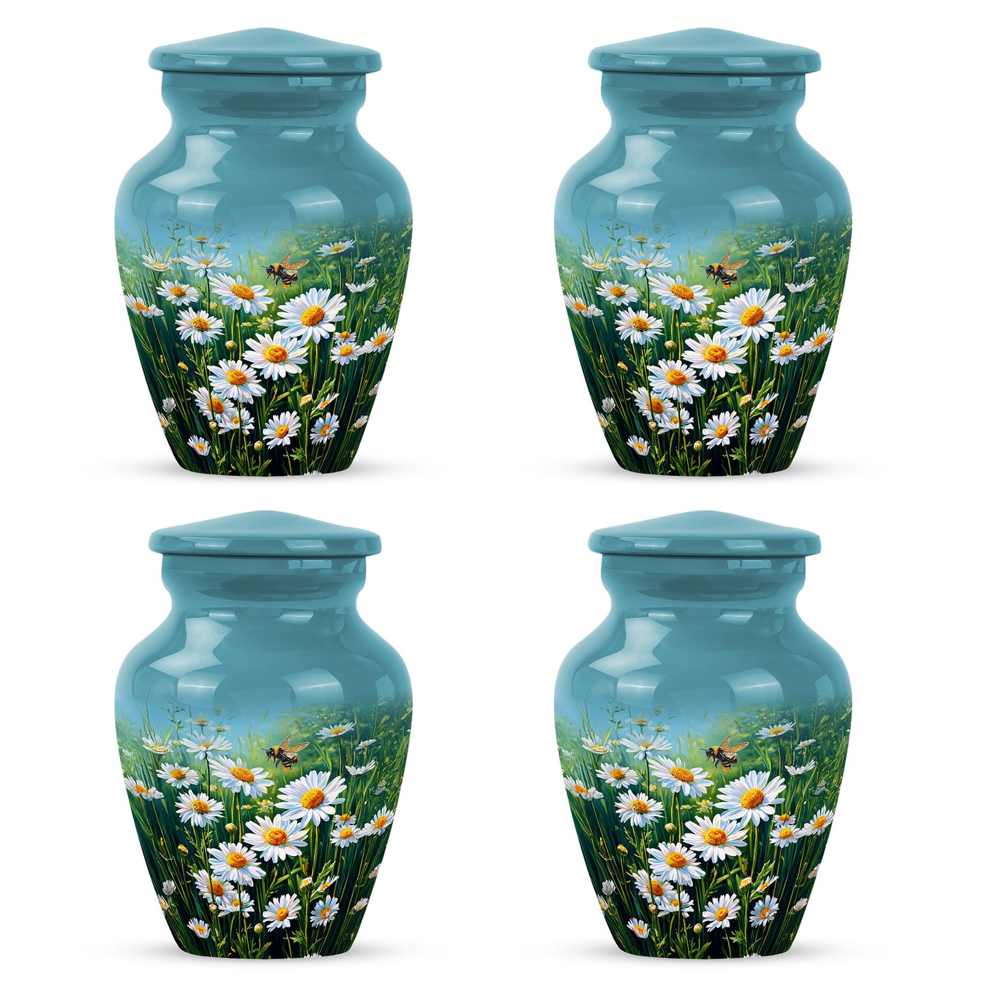Sea Green Teal Daisy Cremation Urn side profile showing urn shape - timeless daisy motif etched into premium metal - 10 inch aluminum urn for cremated remains